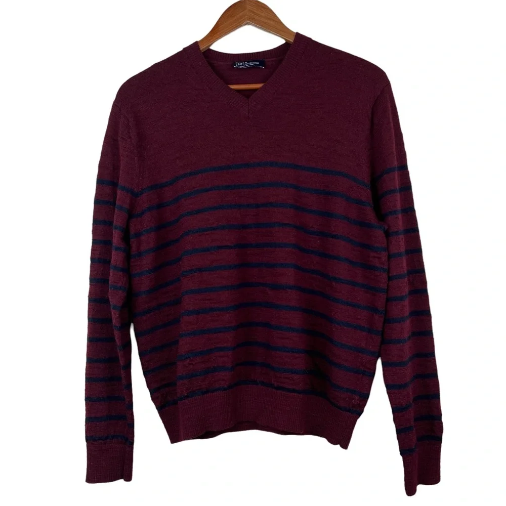 Gap Mens Sweater Wool Size XL/M *see listing*For Size V Neck Red Blue Stripe - Picture 1 of 16